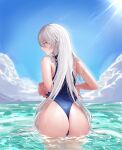  1girl absurdres ass bare_shoulders beach clothes_pull highleg highleg_swimsuit highres honkai_(series) honkai_impact_3rd hs_(user_hvww8443) kiana_kaslana looking_at_viewer looking_back solo sunlight swimsuit swimsuit_pull water wedgie white_hair 
