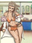  1girl abs absurdres beads bikini breasts brown_hair cavewoman curvy earrings fingernails highres jewelry labcoat nail_polish pokemon pokemon_(game) pokemon_sv sada_(pokemon) salewdmander self_upload swimsuit thighs toned 