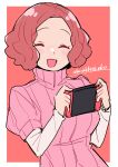  1girl :d ^_^ absurdres blush brown_hair closed_eyes do_m_kaeru highres layered_sleeves long_sleeves nintendo_switch okumura_haru open_mouth persona persona_5 pink_sweater portrait ribbed_sweater short_hair short_over_long_sleeves short_sleeves smile solo sweater turtleneck turtleneck_sweater twitter_username white_sleeves 