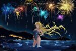  1girl 444c_(user_mezz4285) absurdres beach blonde_hair blue_eyes breasts competition_school_swimsuit copyright_name cowboy_shot fireworks hand_on_hip highres kofune_ushio long_hair medium_breasts mountain night outdoors school_swimsuit soaking_feet solo standing summertime_render swimsuit very_long_hair water 