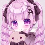  1girl :t bangs bare_shoulders black_bow black_ribbon blush bow closed_mouth commentary_request drill_hair ear_piercing earrings grey_background hair_bow hair_ribbon heart heart_background heart_earrings highres himetsuki_luna jewelry original piercing pout purple_eyes purple_hair ribbon simple_background solo stuffed_animal stuffed_toy tears teddy_bear twin_drills twintails twitter_username upper_body v-shaped_eyebrows wavy_mouth 
