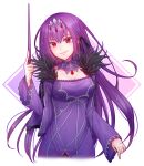  1girl bangs black_ribbon breasts cleavage closed_mouth dress fate/grand_order fate_(series) hair_between_eyes hair_ribbon holding holding_wand long_hair long_sleeves looking_at_viewer medium_breasts purple_dress purple_hair red_eyes ribbon satsu_oekaki scathach_(fate) scathach_skadi_(fate) shiny shiny_hair smile solo standing very_long_hair wand white_background 