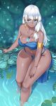  1girl armlet atlantis:_the_lost_empire blue_eyes breasts cleavage dark-skinned_female dark_skin earrings english_commentary facial_tattoo highres jewelry kenron_toqueen kidagakash loincloth long_hair medium_breasts midriff mole_on_arm necklace partially_submerged sitting tattoo thigh_gap watermark white_hair 