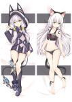  1girl altina_orion animal_ears ankle_ribbon bangs barefoot bed_sheet black_hairband black_ribbon cat_ears cat_tail closed_mouth collarbone covered_navel dakimakura_(medium) eiyuu_densetsu fake_animal_ears frilled_panties frills from_above green_eyes grey_panties hair_between_eyes hair_ribbon hairband hood hood_up leg_ribbon long_hair long_sleeves low_twintails lying midriff moeanime navel on_back panties plaid plaid_panties ribbon sen_no_kiseki solo stomach tail twintails underwear very_long_hair white_hair 