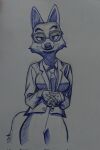  2022 3_fingers adrieldraw anthro business_attire business_suit businesswear canid canine canis cheek_tuft clothed clothing collared_shirt cross-hatching diane_foxington dreamworks ears_front ears_up eyebrow_piercing eyebrows eyelashes eyewear facial_piercing facial_tuft female fingers fluffy fox fur glasses grin hatching_(art) hi_res looking_at_viewer mammal monochrome necktie pen_(artwork) piercing red_fox shaded simple_background smile solo standing suit the_bad_guys traditional_media_(artwork) tuft 