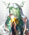  1girl antlers apple braid branch breasts bridal_gauntlets ceres_fauna earrings food fruit green_hair green_nails hair_between_eyes hair_over_one_eye hands_up highres holding holding_food holding_fruit hololive hololive_english jewelry long_hair looking_at_viewer mole mole_under_eye multicolored_hair nail_polish quasarcake simple_background single_bridal_gauntlet solo streaked_hair upper_body veil virtual_youtuber yellow_eyes 