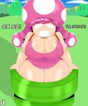  2022 absurd_res anthro big_breasts bodily_fluids breasts butt clothed clothing curvy_figure detailed_background dialogue digital_media_(artwork) female freckles hair hi_res humanoid humor lobokosmico looking_at_viewer mammal mario_bros nintendo nipple_outline not_furry open_mouth outside panties pink_hair pipe short_stack solo tears text thick_thighs toadette underwear video_games wide_hips 