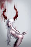  1girl arms_behind_back blood blood_on_wall completely_nude dripping eyelashes fake_horns fingernails hair_between_eyes horns kenny_(poe90) long_eyelashes long_hair nude original pink_eyes pink_nails red_horns solo white_hair 