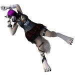  anthro bbdworks bottomwear canid canine canis claws clothed clothing cuffs_(clothing) ear_piercing ear_ring female goth hair hi_res leg_stripes lipstick makeup mammal piercing purple_hair ring_piercing skirt solo wolf 