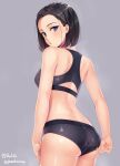  1girl adjusting_clothes adjusting_swimsuit ass back bikini black_bikini black_hair bob_cut chestnut_mouth circle_name commentary_request forehead from_behind highres looking_back original purple_eyes short_hair signature solo swimsuit twitter_username wet yamakaze_ran 