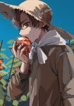  1boy ahoge axis_powers_hetalia blue_sky brown_hair brown_shirt day eating garden green_eyes hat highres long_sleeves looking_at_viewer looking_back male_focus pe_m0aa shirt short_hair sky solo southern_italy_(hetalia) sun_hat sweat tied_shirt tomato twitter_username 