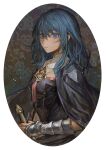  1girl blue_eyes blue_hair byleth_(fire_emblem) byleth_(fire_emblem)_(female) clothing_cutout fire_emblem fire_emblem:_three_houses gauntlets highres liangban_xiexu navel navel_cutout parted_lips portrait solo 