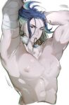  1boy ? abs adaman_(pokemon) arms_behind_head biceps blue_hair chariko eyebrow_cut hair_tie hand_wraps highres jewelry large_pectorals male_focus manboobs multicolored_hair neck_ring nipples one_eye_closed pectorals pokemon pokemon_(game) pokemon_legends:_arceus scar scar_on_chest simple_background stretch sweat upper_body white_background 