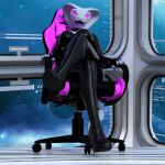 1:1 3d_(artwork) anthro bbdworks boots clothing digital_media_(artwork) female footwear glowing glowing_eyes glowing_markings hi_res high_heeled_boots high_heels hybrid machine markings mistress reptile robot rubber rubber_clothing rubber_suit scalie sitting snake solo syndra_(bbd-works) 