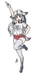  acesrulez alternate_costume bearded_seal_(kemono_friends) buruma commentary_request gradient gradient_legwear grey_hair grey_legwear gym_shirt gym_uniform hand_up index_finger_raised kemono_friends long_hair multicolored_hair no_shoes red_buruma shirt short_sleeves standing standing_on_one_leg t-shirt thighhighs translation_request white_shirt yellow_eyes zettai_ryouiki 