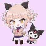  1girl absurdres artist_name bags_under_eyes bangs black_legwear blonde_hair blunt_bangs blush boku_no_hero_academia cardigan chibi cosplay demon_tail double_bun fang hair_bun highres holding_hands kneehighs kuromi kuromi_(cosplay) messy_hair onegai_my_melody open_mouth outline pink_background pleated_skirt sakura_(same-chan) sanrio school_uniform serafuku short_hair sidelocks signature simple_background skin_fang skirt skull slit_pupils smile solo tail toga_himiko toga_himiko_(cosplay) white_outline yellow_cardigan yellow_eyes 