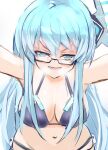  1girl absurdres alternate_costume bikini bimmy blue_eyes blue_hair blush breasts collarbone glasses highres horns kiseijou_rei large_breasts lower_teeth navel neptune_(series) open_mouth outstretched_arms semi-rimless_eyewear single_horn sketch steam_from_mouth swimsuit symbol-shaped_pupils teeth under-rim_eyewear upper_body 