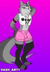  anthro armband biped blep bottomwear bulge canid canine canis clothed clothing countershading crop_top digital_media_(artwork) fluffy fluffy_tail fox fur girly green_eyes grey_body grey_fur hi_res hotpants legwear looking_at_viewer male mammal midriff multicolored_body multicolored_fur navel neck_tuft pose shirt shorts simple_background smile solo standing stockings taylor_(cooltexan57) thick_thighs thigh_highs toeless_legwear tongue tongue_out topwear tuft vash_art 