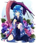  1girl :p alternate_costume blue_eyes blue_flower blue_hair blue_kimono blue_shirt flower full_body hair_flower hair_ornament hair_over_one_eye highres japanese_clothes karakasa_obake kimono long_sleeves looking_at_viewer medium_hair nail_polish nikorashi-ka obi one_eye_covered petals pink_flower puddle purple_flower purple_nails sash seiza shirt sitting solo symbol-only_commentary tatara_kogasa tongue tongue_out torn_umbrella touhou umbrella wide_sleeves 