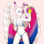  &lt;3 2022 3_fingers angelgatomon_(character) bandai_namco bikini bisexual_pride_colors blue_eyes breasts claws clothing digimon digimon_(species) domestic_cat feathered_wings feathers felid feline felis female fingers flag fur gatomon gloves handwear hi_res holding_flag holding_object lgbt_pride mammal markings pride_color_flag pride_colors pride_heart purple_markings purple_tuft ring solo swimwear tsunderewitch whiskers white_body white_fur white_skin white_wings wings 
