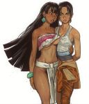  aperture_science bare_arms bare_shoulders black_hair blue_eyes bracelet breast_press breasts brown_eyes chel_(the_road_to_el_dorado) chell cleavage collarbone company_name dark-skinned_female dark_skin earrings eye_contact highres jewelry jumpsuit jumpsuit_around_waist lips loincloth long_hair looking_at_another midriff mossacannibalis namesake navel orange_jumpsuit orange_pants pants parted_lips portal_(series) shirt side-by-side sleeveless sleeveless_shirt straight_hair strapless symmetrical_docking tank_top the_road_to_el_dorado thick_thighs thighs tied_shirt tube_top tube_top_lift underboob very_long_hair wavy_hair 