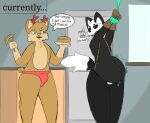  anthro begging belly bulge canid canine cervid clothing digital_media_(artwork) duo english_text fluffy fluffy_tail food fox fur furniture hi_res humor male male/male mammal pattern_clothing pattern_underwear phant0mhat teasing text tight_clothing underwear 