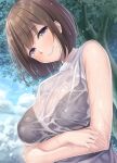  1girl black_bra blush bra breast_hold breasts brown_hair cloud commentary_request crossed_arms highres lace-trimmed_bra lace_trim large_breasts mole mole_under_mouth original outdoors see-through short_hair sky smile solo sweater_vest tree underwear wet wet_clothes wet_hair wet_sweater yamakaze_ran 