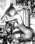  1girl arms_on_table asymmetrical_bangs backless_dress backless_outfit bangs bare_shoulders black_hair book breasts bush coffee cup dress drop_earrings earrings final_fantasy final_fantasy_vii final_fantasy_vii_remake flower from_side greyscale head_rest jewelry large_breasts liang_xing long_hair long_sleeves looking_to_the_side low-tied_long_hair monochrome open_book parted_lips patreon_username plate sideboob signature sitting solo spoon tifa_lockhart 