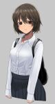  1girl arms_at_sides backpack bag bangs breasts brown_eyes brown_hair buttons closed_mouth collared_shirt cropped_legs expressionless grey_background highres original shirt shirt_tucked_in short_hair simple_background skirt sleeves_past_wrists small_breasts solo tonari_no_kishida white_shirt 