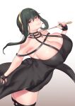  aster_crowley belly black_dress black_hair breasts choker cleavage curvy dress feet_out_of_frame hairband heart highres holding holding_knife huge_breasts knife large_breasts looking_at_viewer mature_female red_eyes smile solo spy_x_family standing thick_thighs thighs varia_suit yor_briar 