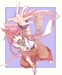  1girl arche_klein belt bracelet broom earrings elbow_gloves full_body gloves jewelry long_hair looking_at_viewer neko_(hansinn) open_mouth pants pink_eyes pink_hair ponytail smile solo tales_of_(series) tales_of_phantasia wide_ponytail 