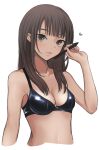 1girl bangs bare_shoulders black_bra bra breasts brown_eyes brown_hair cleavage closed_mouth cropped_torso hand_up heart highres holding holding_stylus lips long_hair looking_at_viewer original sidelocks simple_background small_breasts solo stylus tonari_no_kishida underwear upper_body white_background 