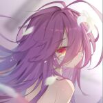  1girl antenna_hair bangs bare_back bare_shoulders blurry commentary_request crying crying_with_eyes_open depth_of_field from_behind hair_between_eyes hair_over_one_eye head_tilt highres long_hair looking_at_viewer looking_back luckyes no_game_no_life orange_eyes purple_hair shuvi_(no_game_no_life) sidelocks simple_background solo tears topless wind 