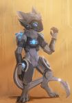  4_ears absurd_res anthro blade fur grey_body grey_fur hi_res machine male multi_ear orange_background protogen simple_background solo stampmats tail_blade weapon_tail 