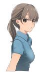  1girl bangs blue_shirt breasts brown_eyes brown_hair collared_shirt cropped_torso from_side grin highres looking_at_viewer looking_to_the_side medium_breasts original ponytail shirt short_sleeves simple_background smile teeth tonari_no_kishida upper_body white_background 