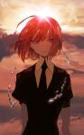  1other androgynous bangs black_necktie cinnabar_(houseki_no_kuni) closed_mouth cloud crystal_hair evening gem_uniform_(houseki_no_kuni) hair_between_eyes highres houseki_no_kuni mercury_(element) necktie puffy_short_sleeves puffy_sleeves red_eyes red_hair short_sleeves sky solo yadu_nadu 