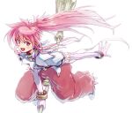  1girl arche_klein belt bracelet broom earrings elbow_gloves full_body gloves jewelry long_hair looking_at_viewer neko_(hansinn) open_mouth pants pink_eyes pink_hair ponytail simple_background smile solo tales_of_(series) tales_of_phantasia white_background wide_ponytail 