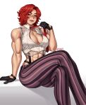  1girl abs blush breasts cleavage gloves highres large_breasts mootium muscular muscular_female necktie open_clothes open_shirt red_eyes red_hair short_hair striped striped_legwear the_king_of_fighters thick_thighs thighs vanessa_(kof) vertical-striped_legwear vertical_stripes white_background 