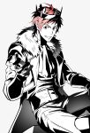  1boy absurdres ahoge ascot crossed_legs crown facial_hair feather_boa gloves goatee grin highres idol idolmaster idolmaster_side-m invisible_chair jacket looking_at_viewer male_focus partially_colored red_eyes red_hair ryeon_(gs_oik) short_hair sitting smile tendo_teru 