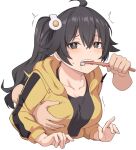  1girl araragi_karen black_eyes black_hair breast_grab collarbone grabbing grabbing_from_behind long_hair looking_at_viewer monogatari_(series) nisemonogatari shiseki_hirame simple_background solo_focus teeth toothbrush toothbrush_in_mouth upper_teeth white_background 