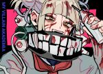  1girl bags_under_eyes bandana bandana_over_mouth bangs black_background black_bandana blonde_hair blood blood_in_hair blood_on_face blood_on_hands blunt_bangs blush boku_no_hero_academia cardigan double_bun english_text fang hair_bun highres long_sleeves messy_hair open_mouth pink_background school_uniform serafuku short_hair simple_background smile solo syringe toga_himiko yellow_eyes yumei_(jigoku101) 