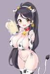  1girl ahoge animal_ears animal_print ara_haan bikini black_hair blush breasts bridal_gauntlets cameltoe cleavage collar collarbone completely_nude cow_ears cow_print cow_tail cum cum_in_container cum_in_cup cup ear_tag elbow_gloves elsword fake_animal_ears gloves haun_(exodinary) highres large_breasts long_hair navel nude open_mouth print_bikini side-tie_bikini simple_background smile solo swimsuit tail thighhighs yellow_eyes 