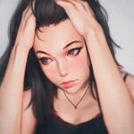  1girl black_eyes black_hair commentary face hands_on_own_head ilya_kuvshinov_(style) jewelry looking_away necklace original portrait realistic rotisusu solo 