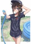  1girl alternate_costume bangs black_headwear blue_eyes blush braid breasts brown_hair closed_mouth commentary_request grass hair_between_eyes hair_flaps hair_ornament hair_ribbon hat highres holding holding_hose hose kantai_collection long_hair ribbon shigure_(kancolle) shigure_kai_ni_(kancolle) shirt short_shorts short_sleeves shorts single_braid small_breasts solo sugue_tettou t-shirt twitter_username wading_pool water wet wet_clothes white_shorts 
