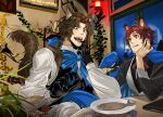  2boys :p absurdres ahoge animal_ears brown_hair cafe cat_boy cat_ears cat_tail facial_hair fangs fingernails fish gloves goatee highres idolmaster idolmaster_side-m jacket long_hair looking_at_another looking_at_food low_tied_hair male_focus multiple_boys mustache open_mouth red_eyes red_hair ribbon ryeon_(gs_oik) sharp_fingernails short_hair sleeves_rolled_up smile tail tendo_teru tongue tongue_out waistcoat yamashita_jiro yaoi 