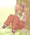  1girl arche_klein belt blush_stickers bow closed_mouth earrings elbow_gloves full_body gloves hair_bow jewelry long_hair looking_at_viewer neko_(hansinn) pants pink_eyes pink_hair ponytail scarf solo tales_of_(series) tales_of_phantasia tree wide_ponytail 