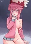  1girl absurdres arm_support artist_name blush bottomless breasts hat highres jacket jakuzure_nonon kill_la_kill long_hair long_sleeves naughty_face nipples norza one_breast_out pink_eyes pink_hair pink_jacket pussy pussy_juice sidelocks sitting solo tongue tongue_out 