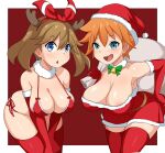  2girls absurdres bangs bare_shoulders bell bent_over bikini blue_eyes bow breasts brown_hair christmas collarbone dress elbow_gloves fake_antlers fur_trim gloves hagarza_p hair_between_eyes hair_bow hand_on_hip hat highres holding holding_sack large_breasts looking_at_viewer may_(pokemon) misty_(pokemon) multiple_girls neck_bell open_mouth orange_hair pokemon pokemon_(game) pokemon_oras pokemon_rgby red_bikini red_bow red_dress red_gloves sack santa_bikini santa_dress santa_hat sleeveless sleeveless_dress swimsuit thighhighs 