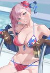  1girl absurdres alcohol bangs bare_shoulders beer beer_can bikini blue_eyes blush breasts brown_gloves bun_cover can cleavage fate/grand_order fate_(series) fromgod_jungle gloves grin highres holding holding_can large_breasts looking_at_viewer medium_hair miyamoto_musashi_(fate) miyamoto_musashi_(swimsuit_berserker)_(fate) miyamoto_musashi_(swimsuit_berserker)_(second_ascension)_(fate) navel off_shoulder parted_lips pink_hair sitting smile solo swimsuit teeth 