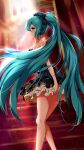  1girl aqua_eyes aqua_hair bare_legs bare_shoulders black_dress blush commentary_request dress from_behind hair_between_eyes hatsune_miku highres long_hair long_legs looking_at_another looking_back solo stairs twintails very_long_hair vocaloid xiao_ren 